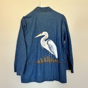 Rama of USA Vintage Jacket Denim Jean Small Painted Blue Heron Bird Art to Wear